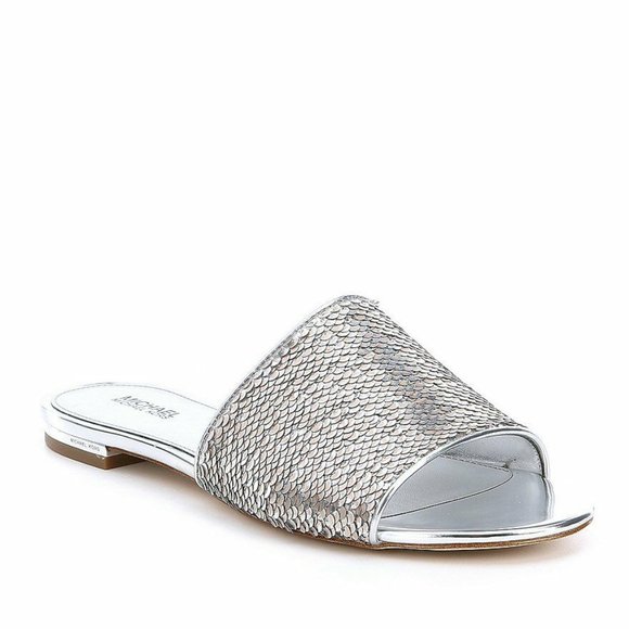 Michael Michael Kors Shelly Slide Sandals Sequin Silver - Picture 1 of 4
